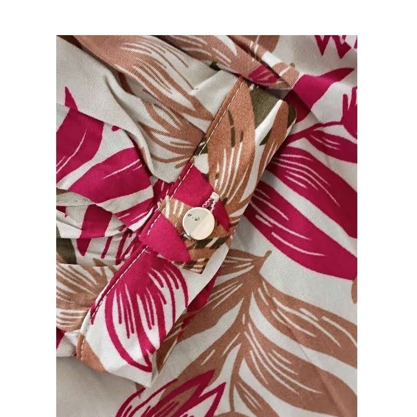 Parisian NWT Tropical Leaf Maxi Dress S 100% Cotton Pink Green Long Slv $158
