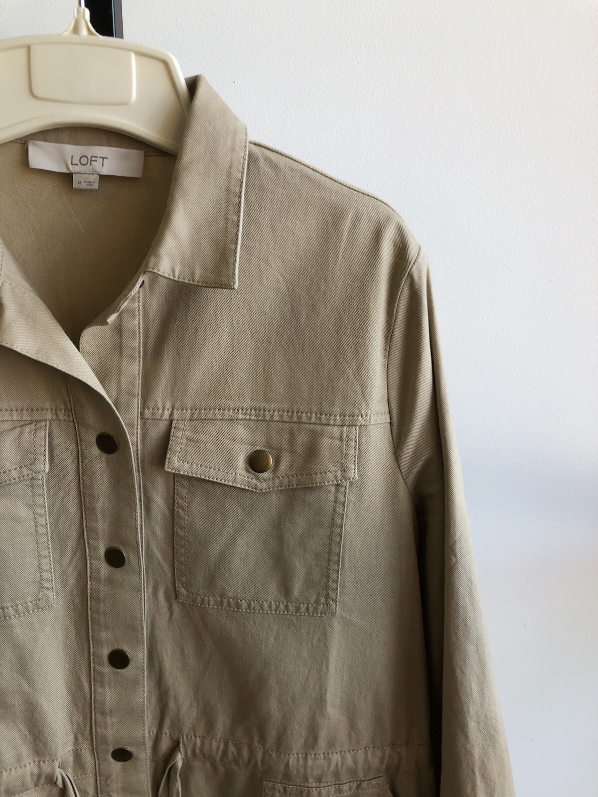 Loft Shirt Dress Womens Medium Tan Cotton Chest Pocket Tie Front Button Up New
