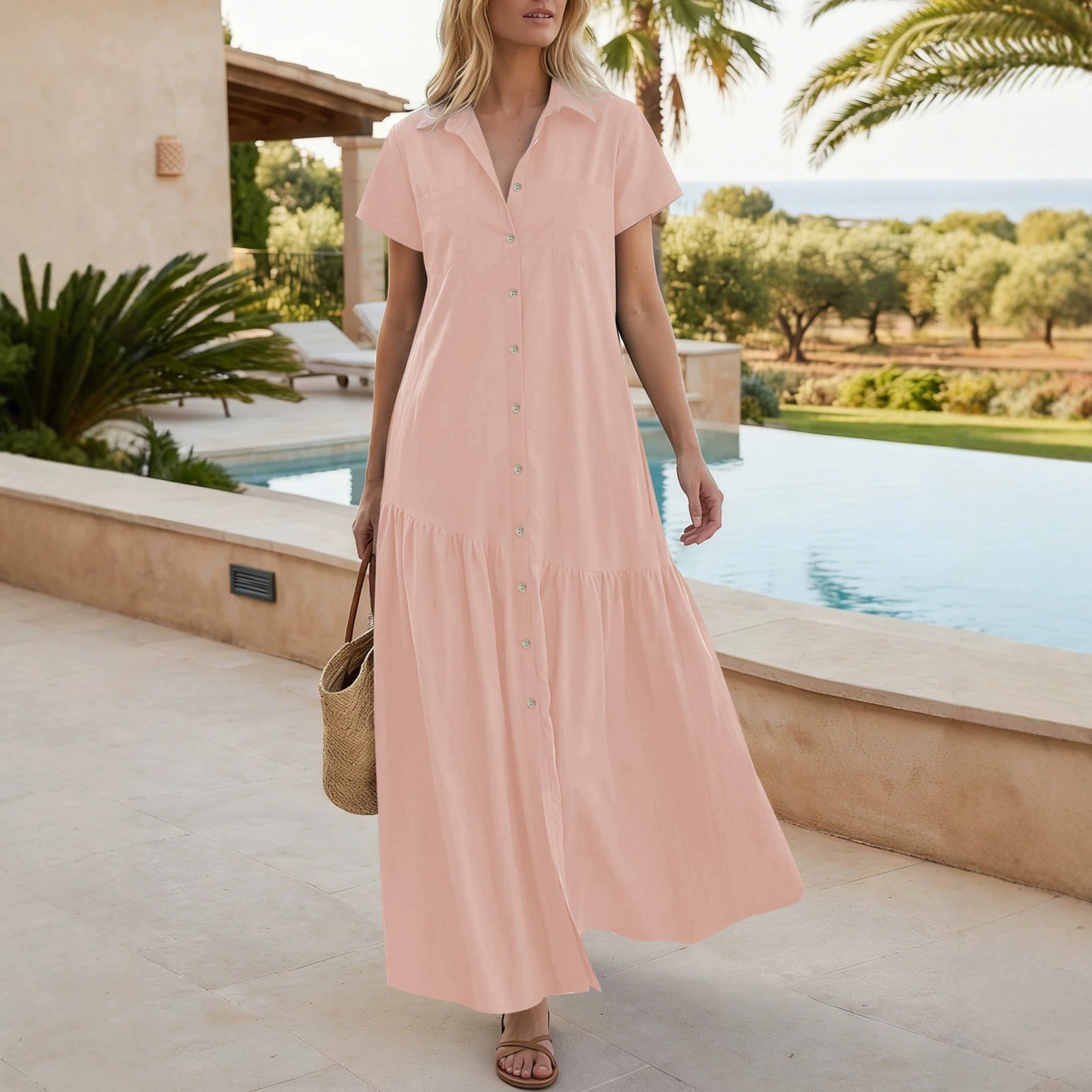 Womens Minimalist Solid-color Lapel Dress With Slanted Ruffled Hem