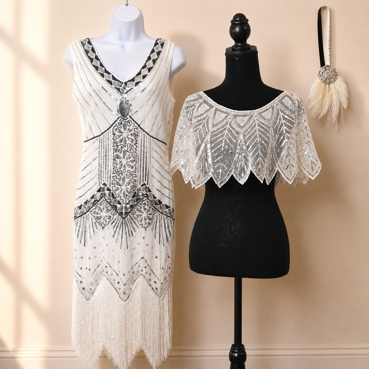 1920s Gatsby Flapper Dress Small Sequin Beaded Fringe Capelet Headpiece Jazz Age