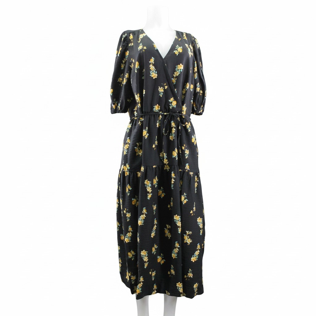 A New Day Women’s Wrap Tiered Midi Dress Size XL Black Yellow Green #5651