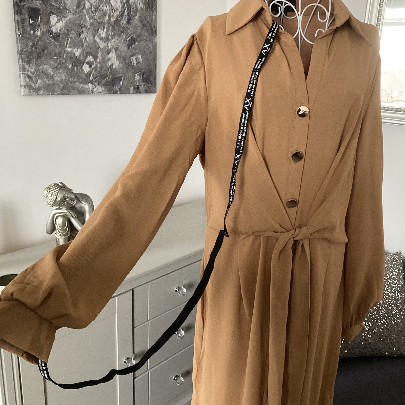 Camel Collared Long Sleeve Front Button Fastening Waist Tie Midi Shirt Dress 8