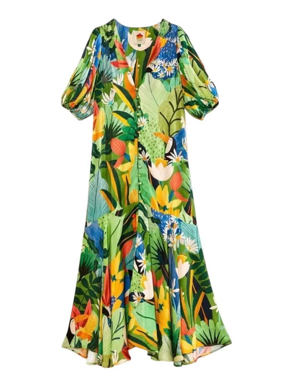 FARM Rio Vintage Toucans Midi Maxi Dress Size M Tropical Birds Green Resort
