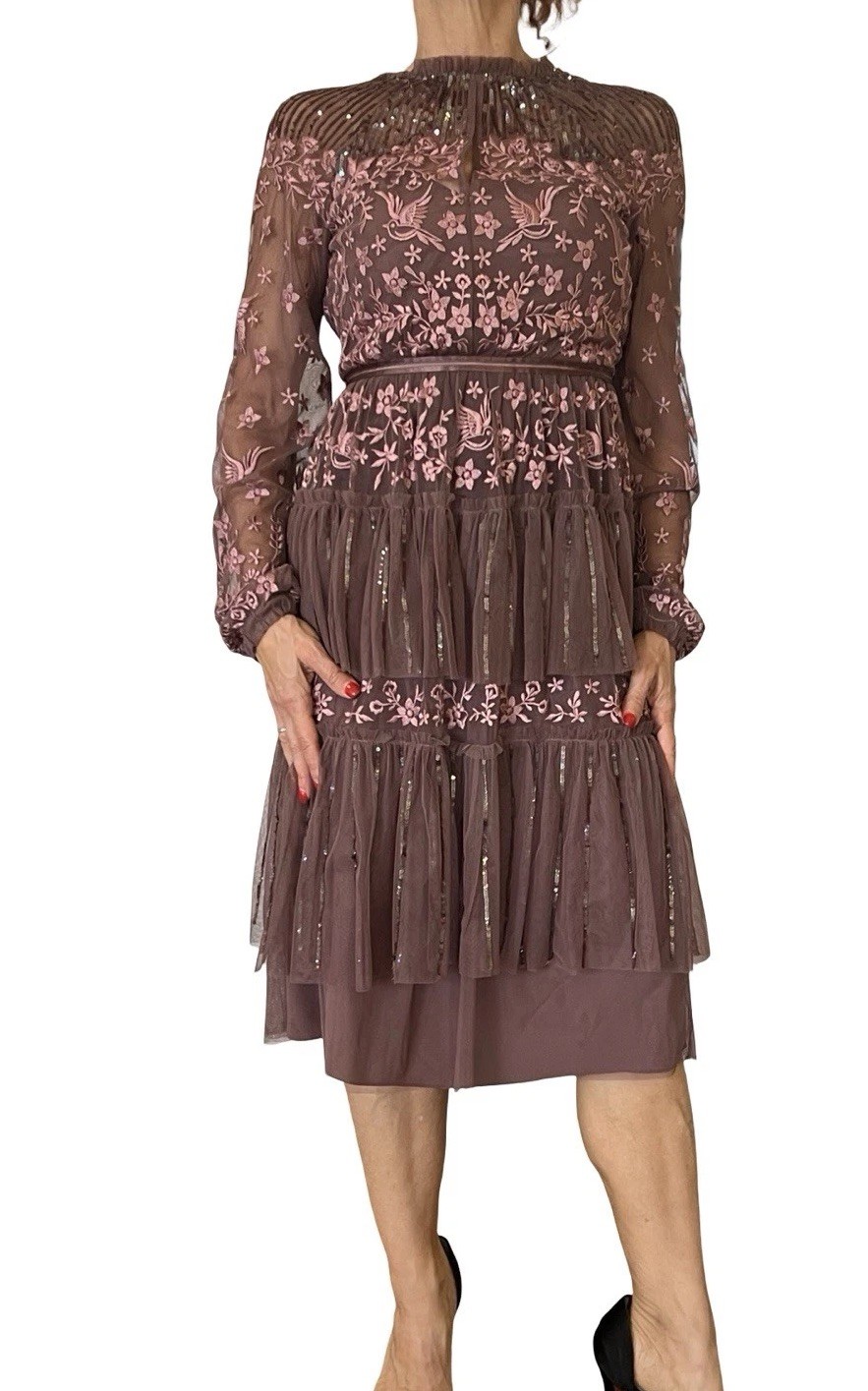Needle and Thread Sequin Embroidered Tiered Dress sheer long sleeves 0 READ
