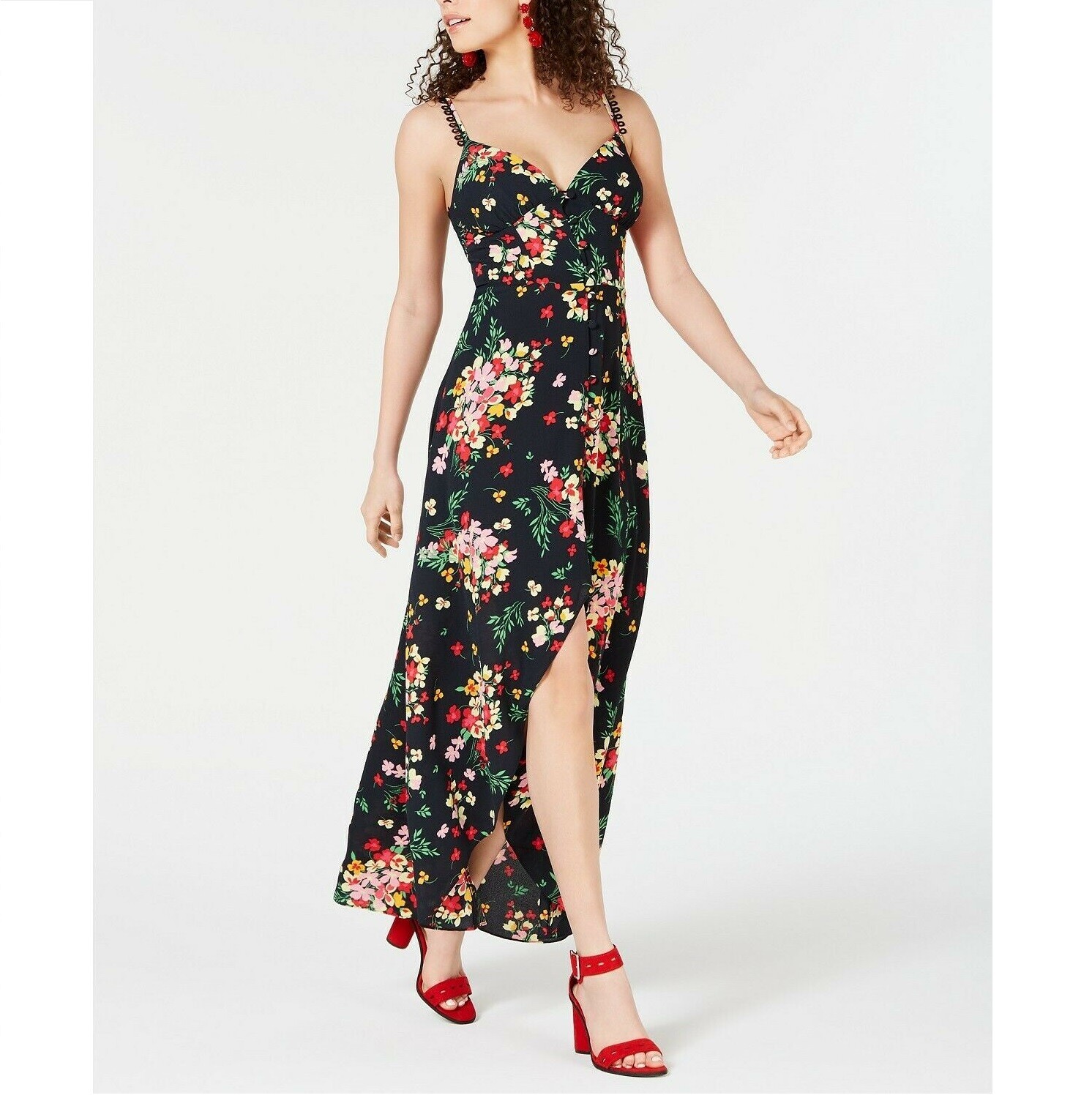 B Darlin Junior Womens 5/6 Black Floral Print Button Front Lined Maxi Dress NWT