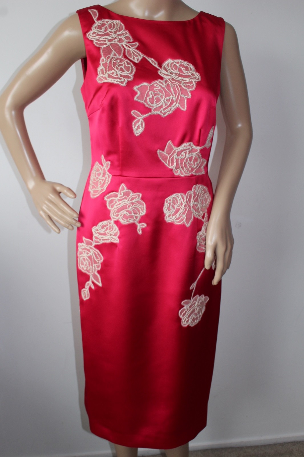 Coast Deep Pink Satin Dress Embroidered Lace Appliqué Occasion Party Evening 10