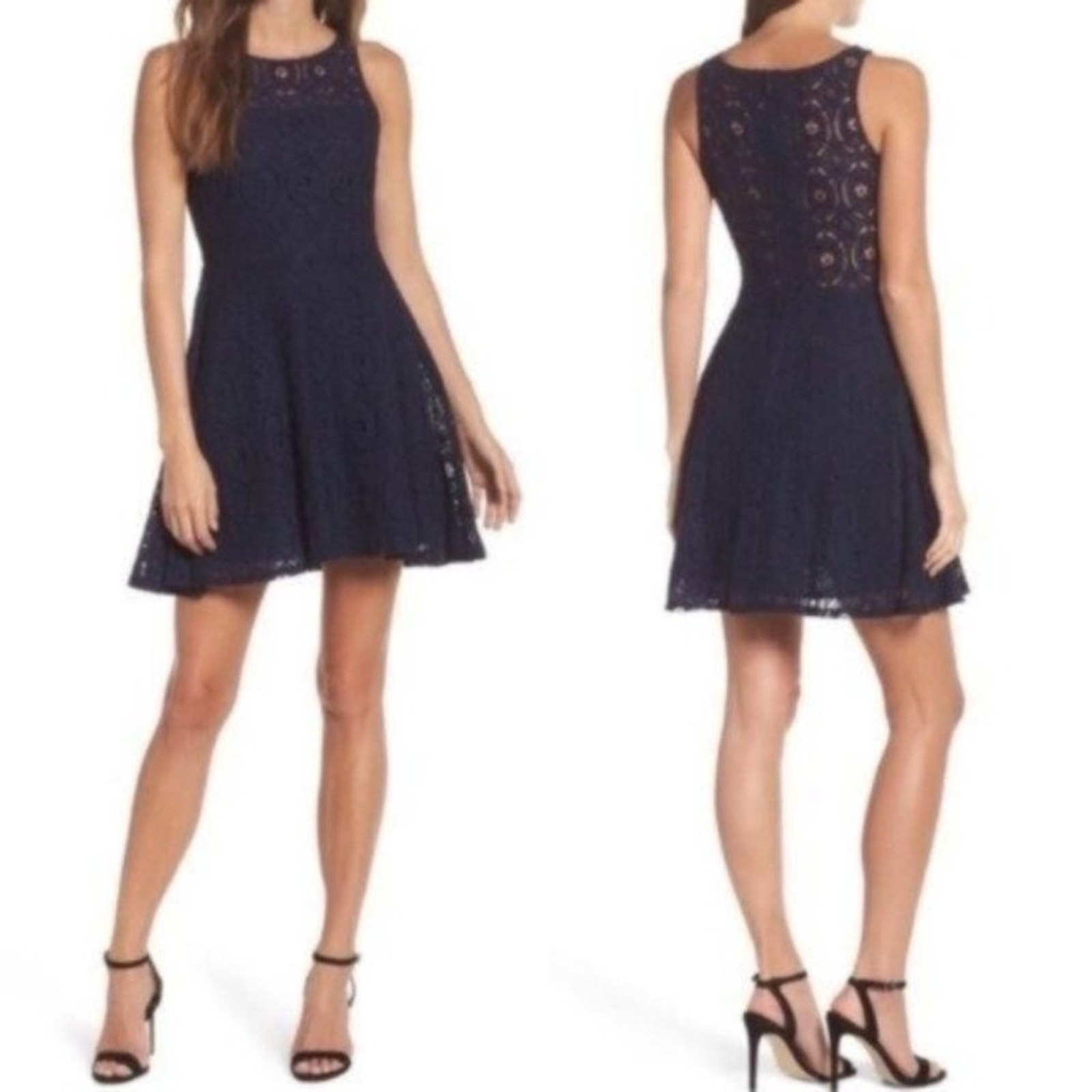 BB Dakota Renley Stretch Lace Fit & Flare Dress Navy Size 8