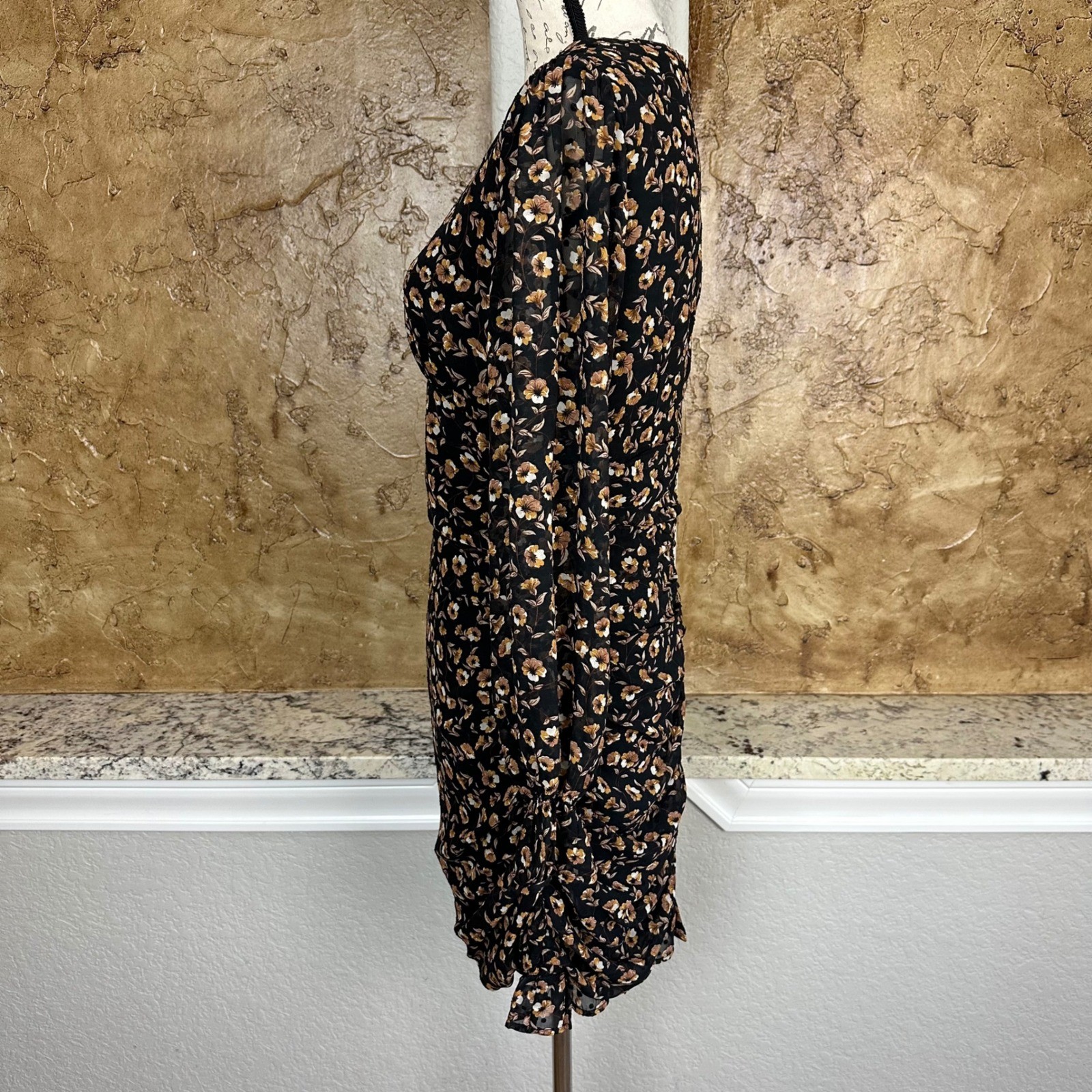 Storia Floral Print Long Sleeve Mini Dress Large Black Brown Ruched Ruffle