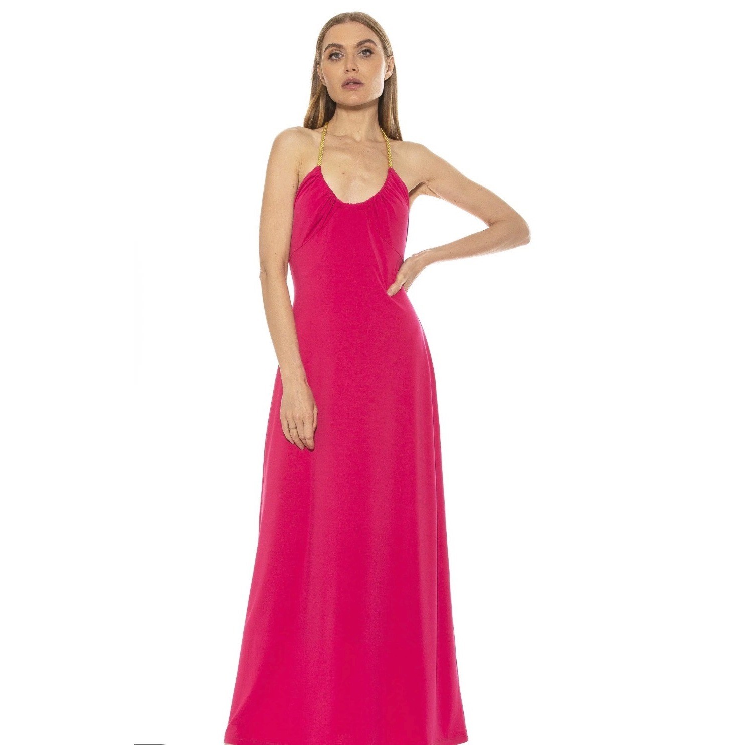 Alexia Admor Selena Maxi Dress Hot Pink Gold Rope Halter Gown D3901 Womens L NWT