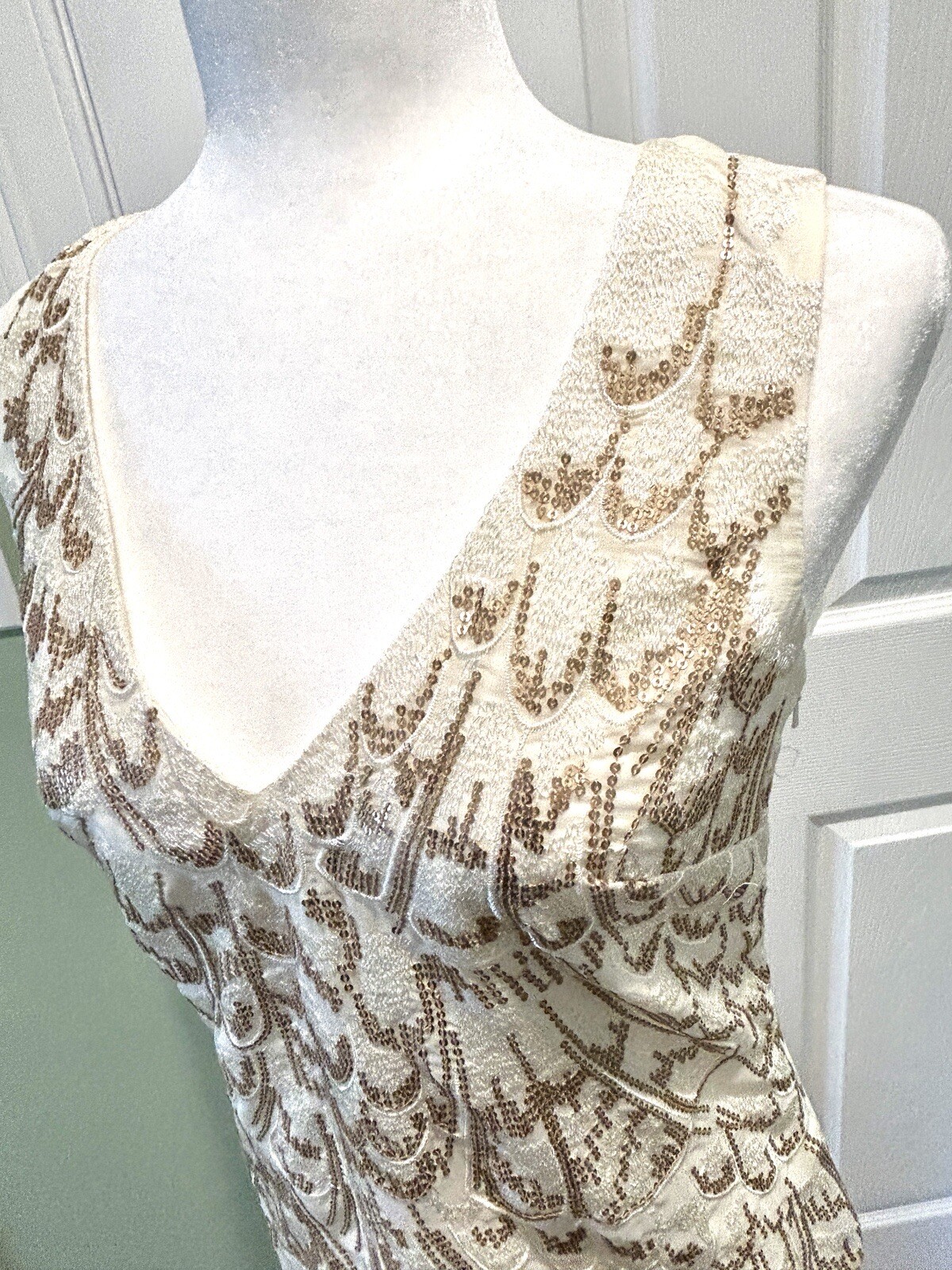 Monsoon UK Ivory Gold Cascading Sequins Shift Dress Size 4 Summer Cocktail Party