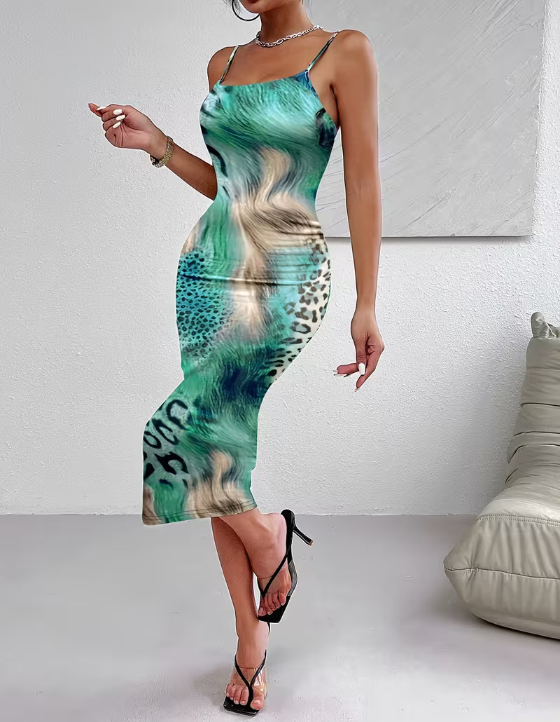 NEW Large. Sexy Intoxicating Abstract Leopard Aqua Green Camisole Midi Dress.