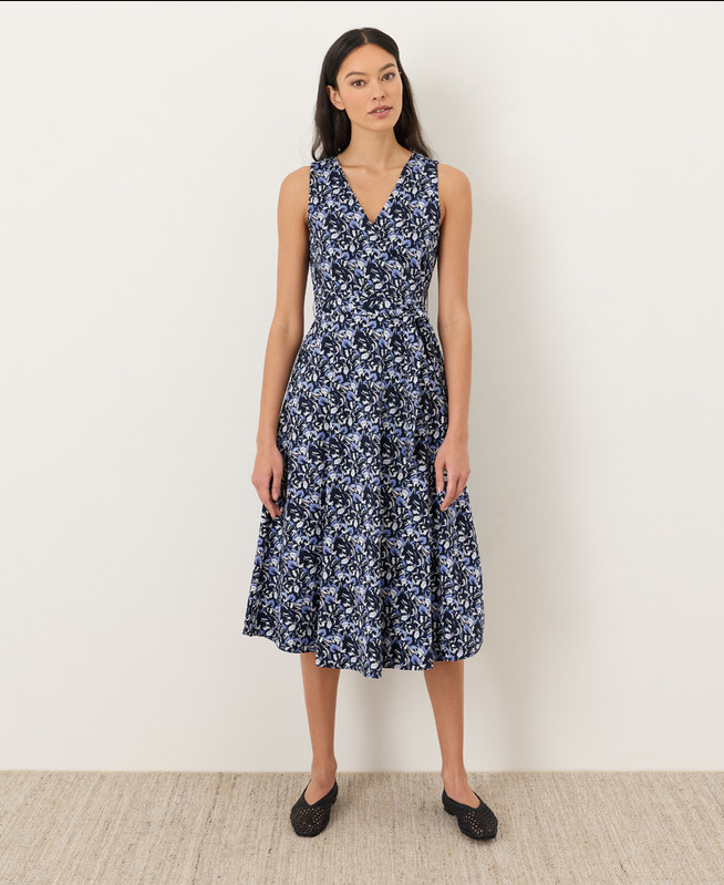 PACT Organic Fit & Flare Easy V-Neck Dress – Paradise Petals Navy Blue NEW