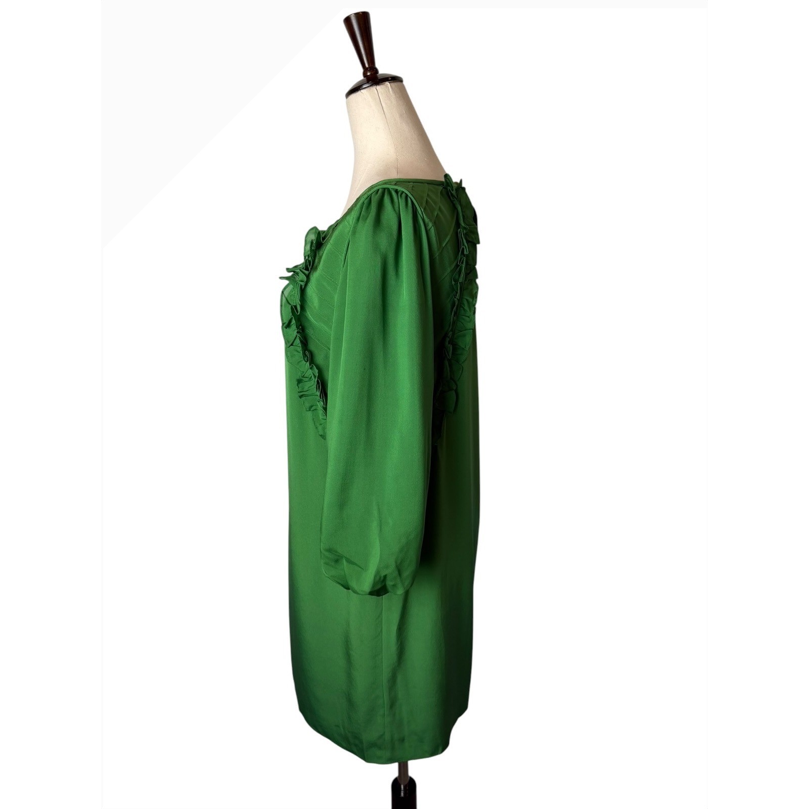 Tibi Silk Shift Dress Women 4 Green Ruffle Pintuck Puff Sleeve Luxury Silky