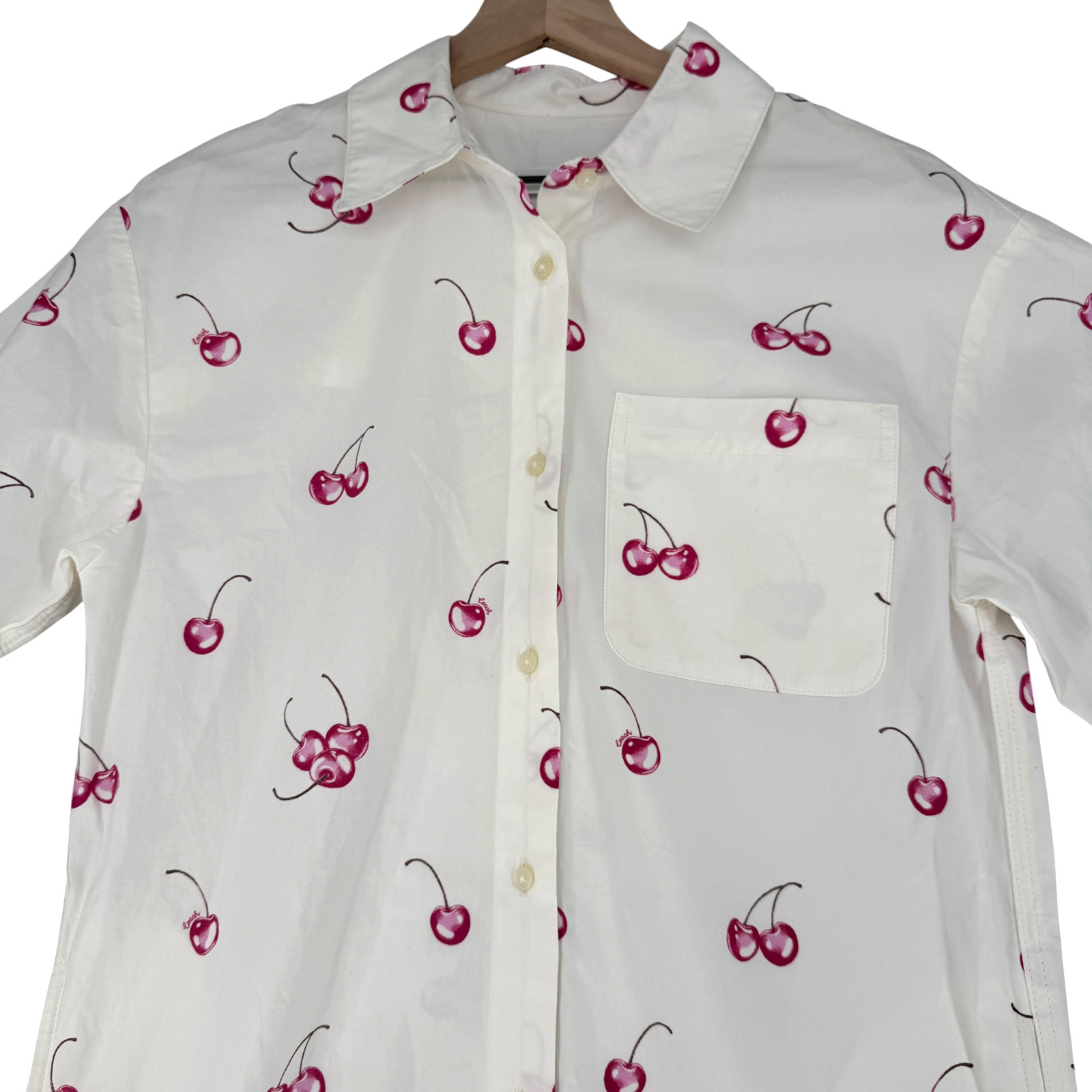 Coach Cherry Button Front Dress XS Cotton White Collared Pockets Preppy CQ848
