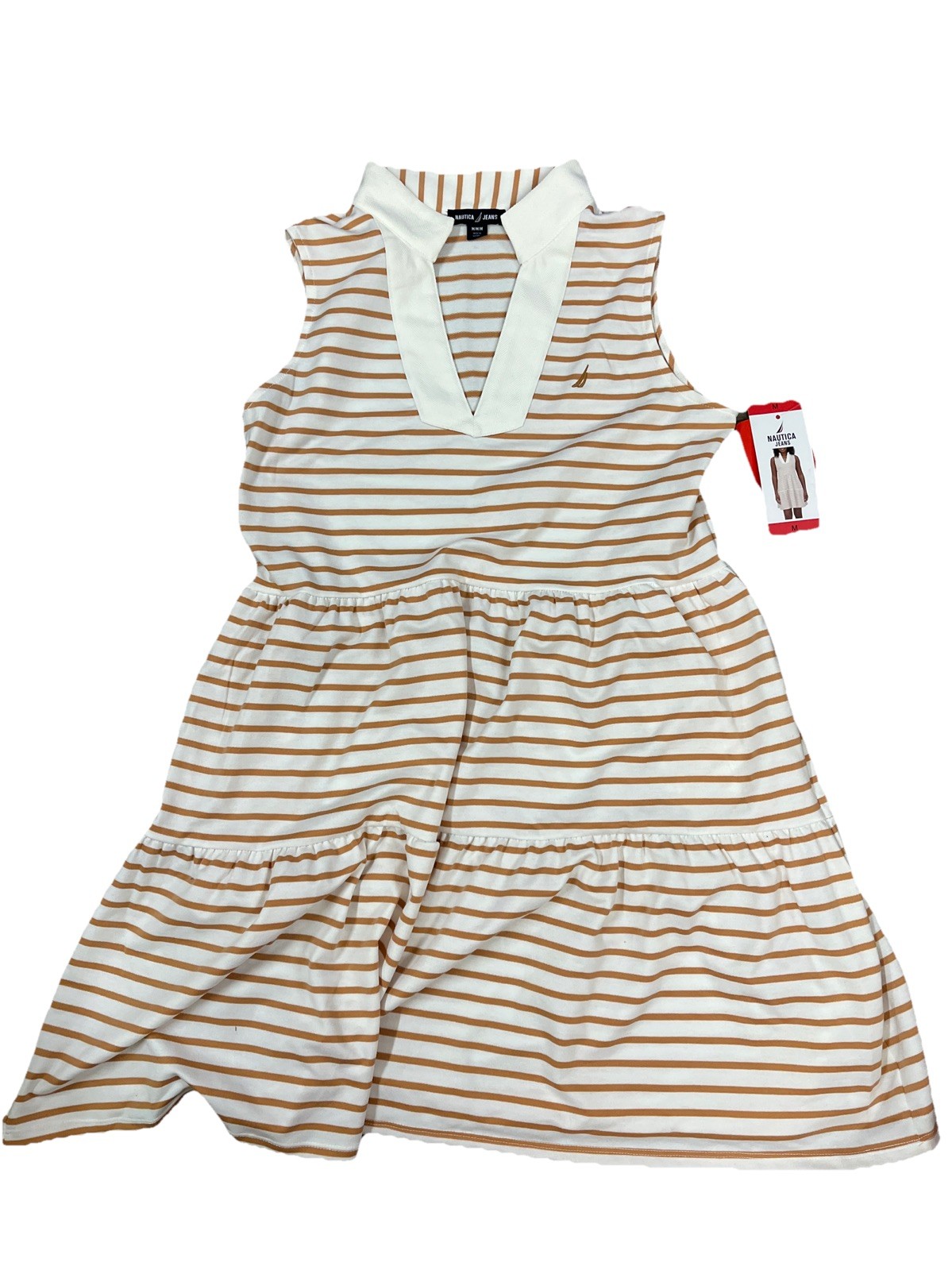 NWT Women’s Almond/Ivory NAUTICA Stripe Collard Sleeveless Summer Dress *Medium*