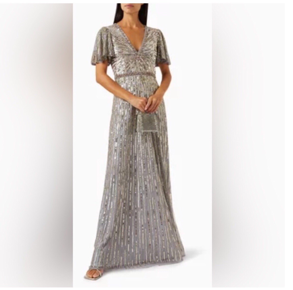 Mac Duggal NWT sequin v-neck flutter sleeve Platinum column gown formal Size 10
