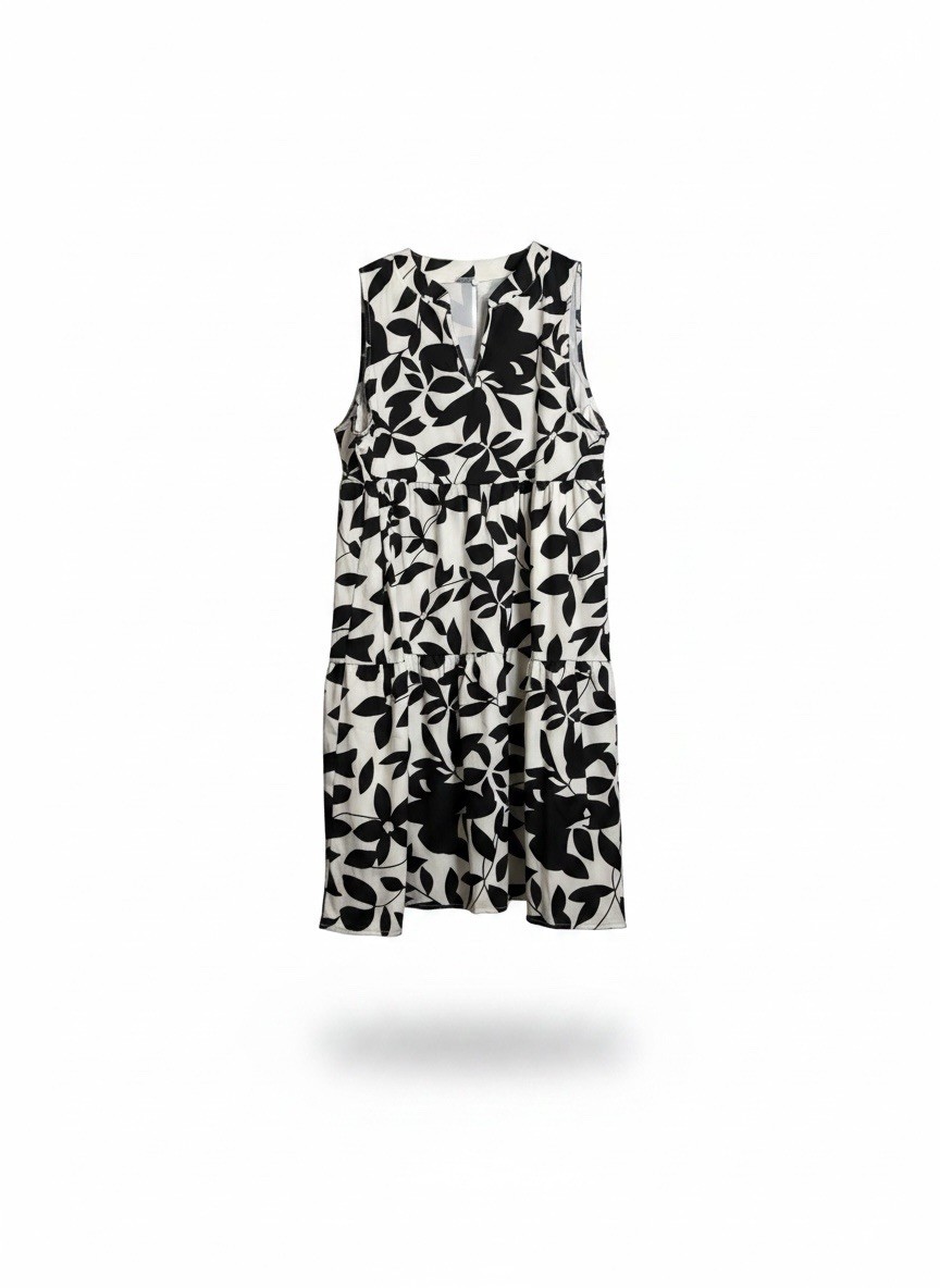 Black & White Leaf Print Tiered Sundress XXL Sleeveless V-Neck NWOT