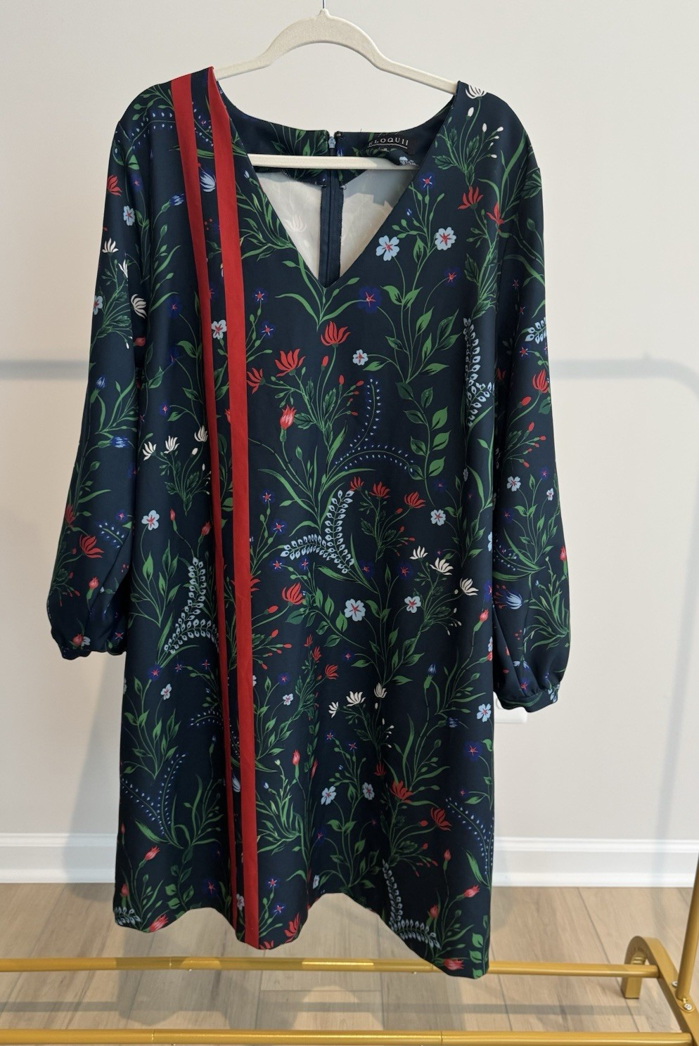 ELOQUII Women’s Plus Size 18 Black Floral V-Neck Long Sleeve Shift Dress