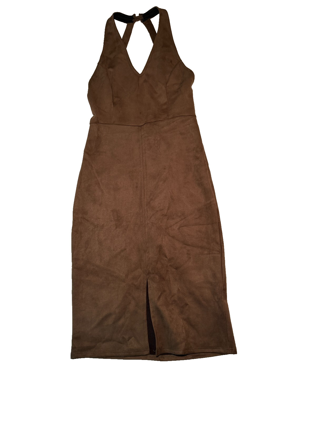 FABRIK Women’s Medium Brown Faux Suede Halter Bodycon Open Back Midi Dress