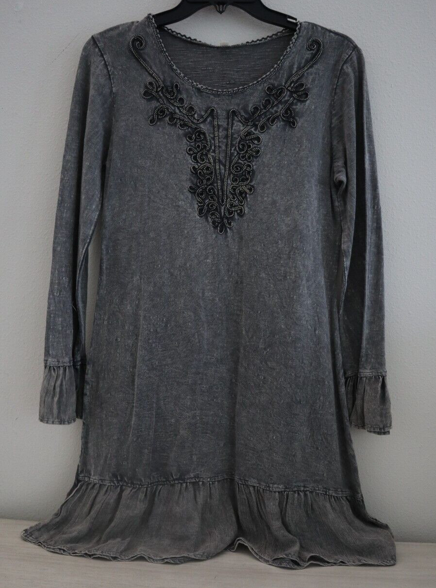 Anthropologie RAGA Women’s Sz S Black Embroidered Ruffled Hem & Cuffs Dress