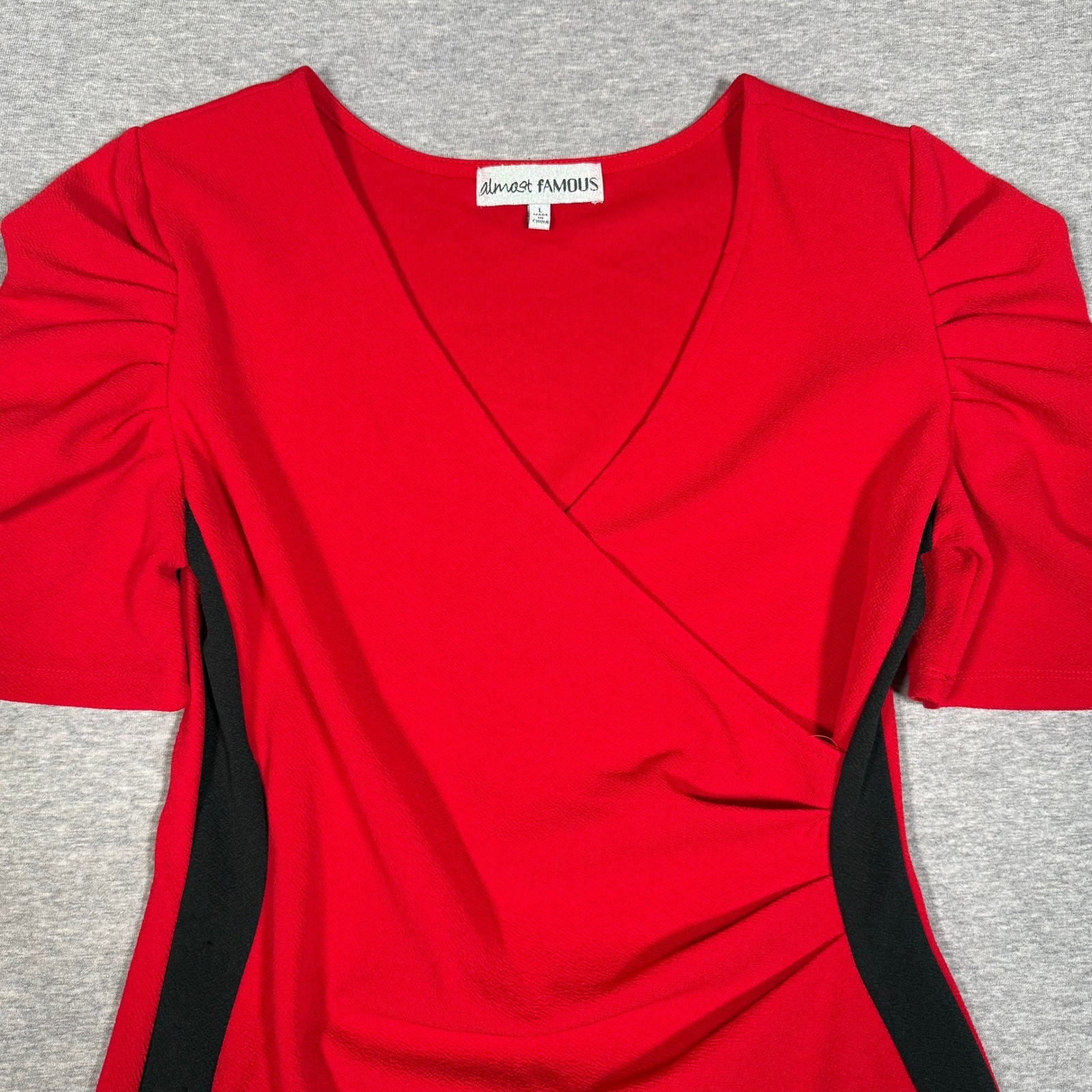 Almost Famous Red Black Colorblock Wrap Bodycon Dress Puff Sleeve Womens Large
