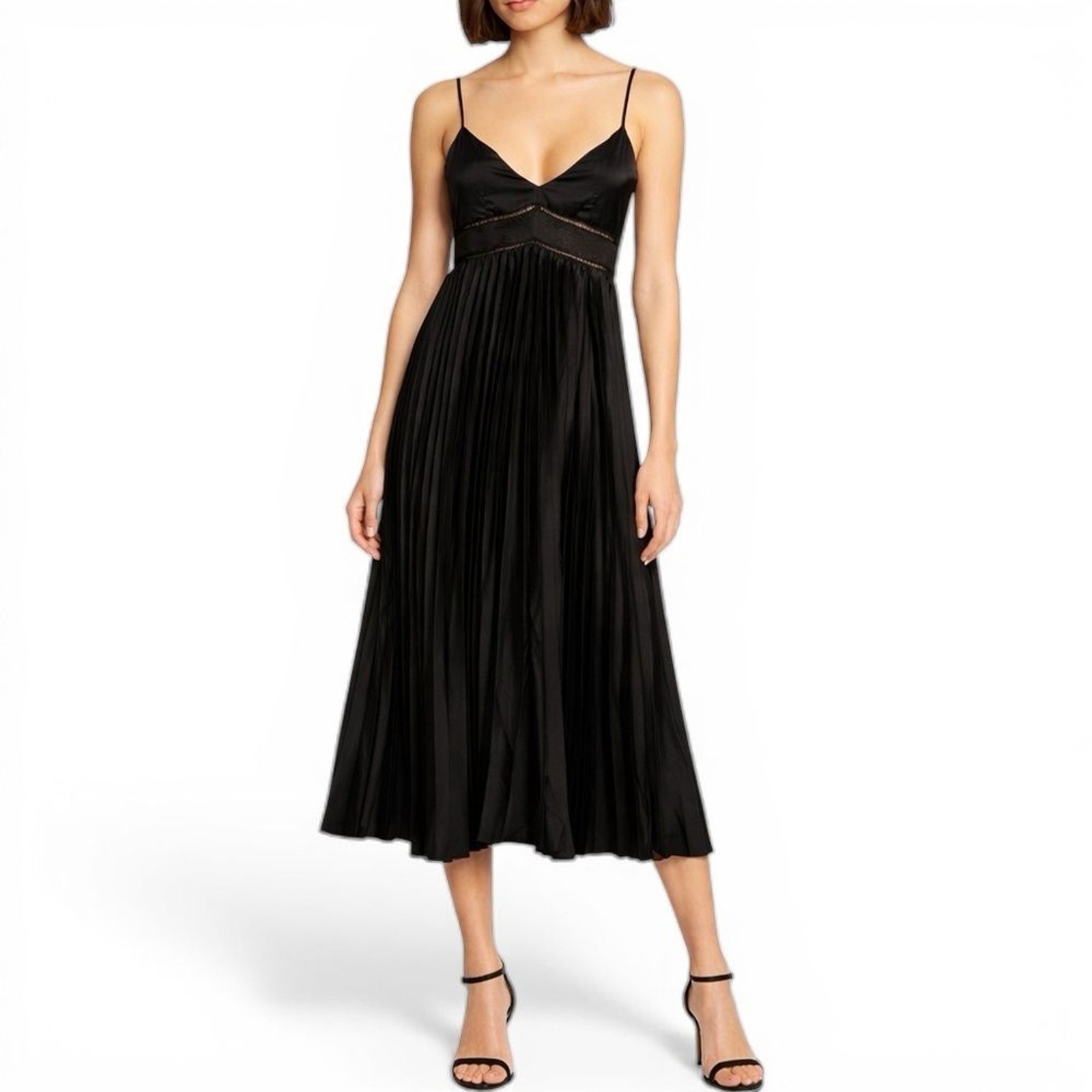 Saks Fifth Avenue Black Satin Pleated Midi Dress Spaghetti Strap V Neck Sz Small