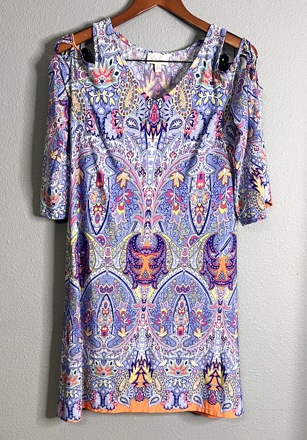 Ivy Lane Womens Small Dress Multi Foral V Neck Abstract Cold Shoulder Cutouts