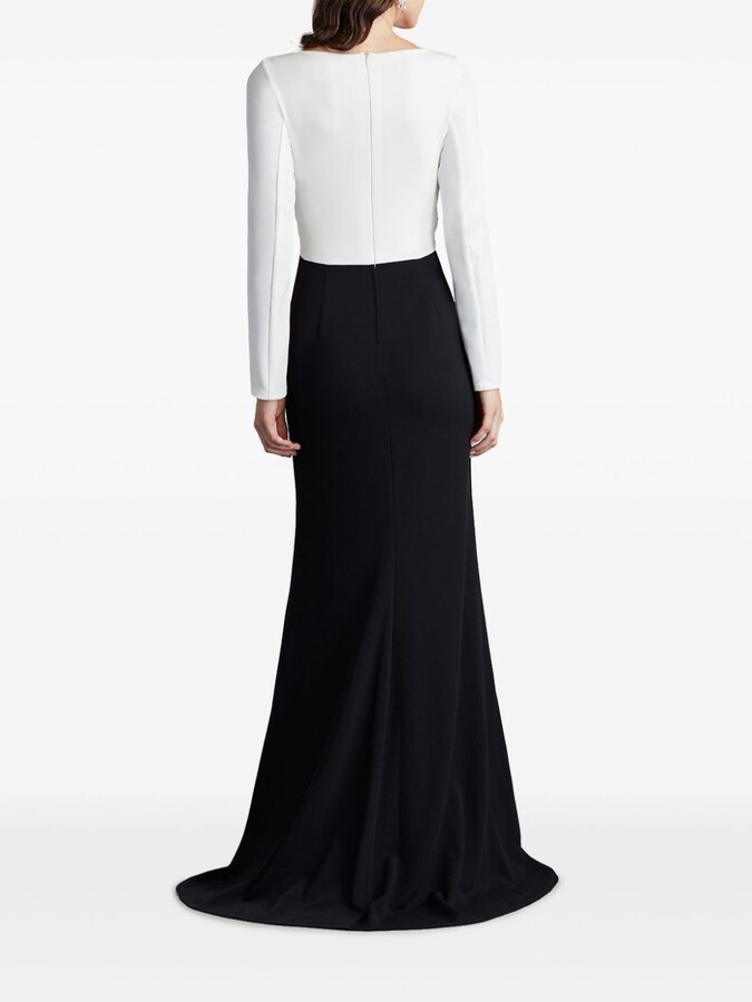 Tadashi Shoji Black Ivory Nelson Bateau Long-Sleeve Crepe Sheath Gown XL $421