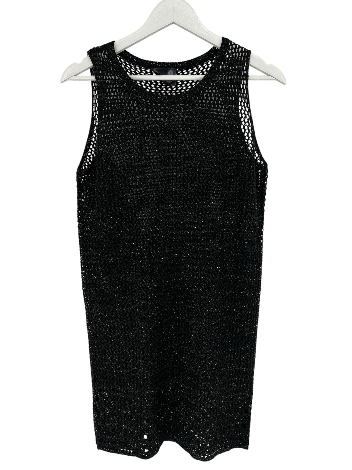 Line & Dot Sweater Dress Cover Up Black Shimmer Crochet Sleeveless Eyelet Size L