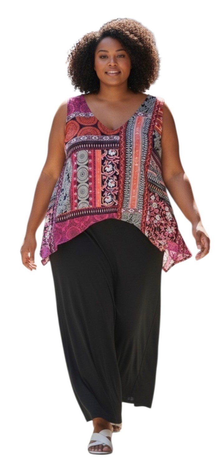 Catherines Sleeveless Boho Pink Black Maxi Shift/Sheath Dress 1X 18/20W