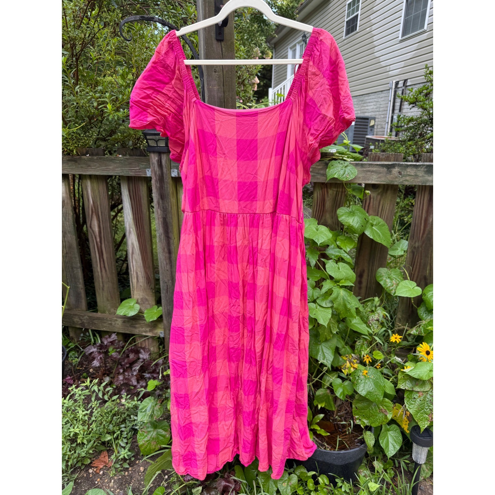 Lane Bryant Pink Gingham Plaid Midi Dress Womens 18 Flutter Sleeve Square Neck