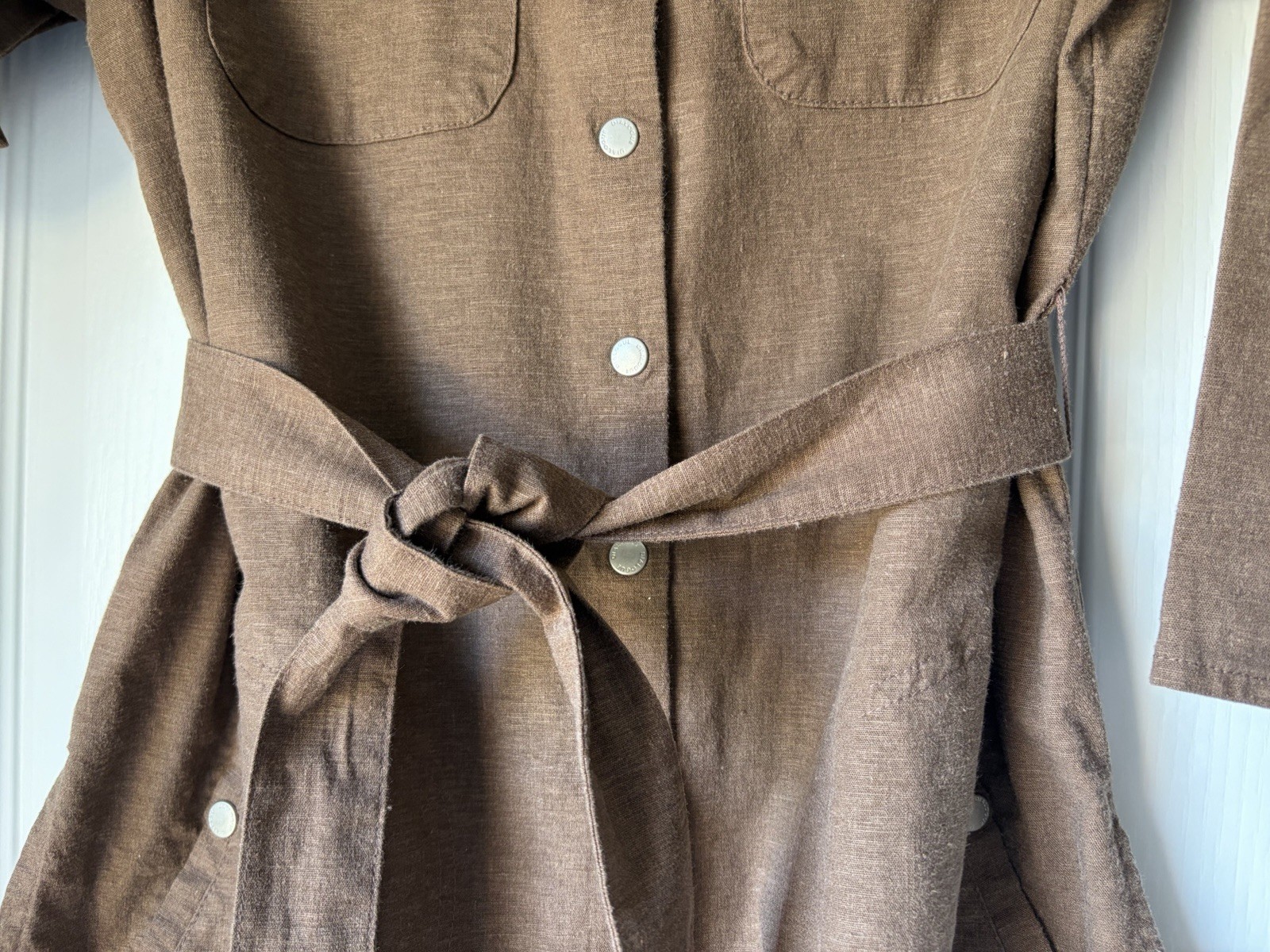 Dialogue Brown Linen Blend Collared Button Front Belted Blouse Size 6