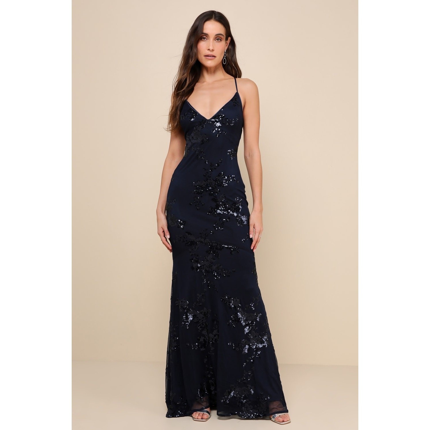 Lulus Valhalla Navy Blue Sequin Lace-Up Maxi Dress Formal Evening Glam Large NWT