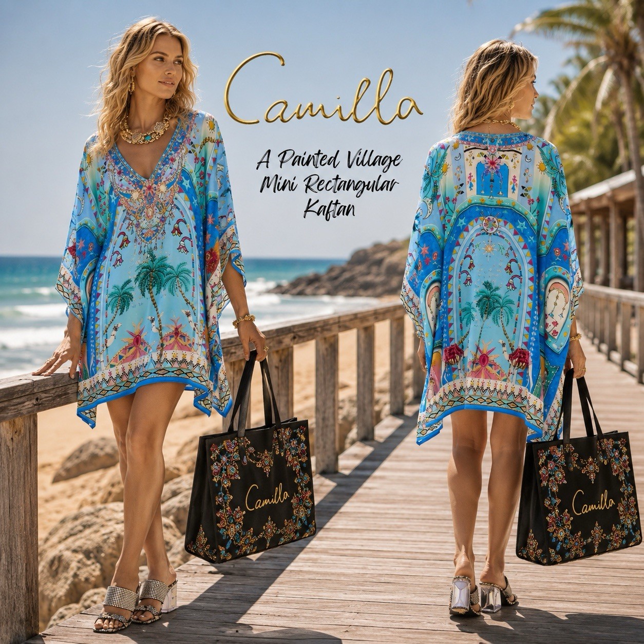 BNWOT CAMILLA A PAINTED VILLAGE RECTANGULAR MINI KAFTAN ONE SIZE SILK CRYSTALS