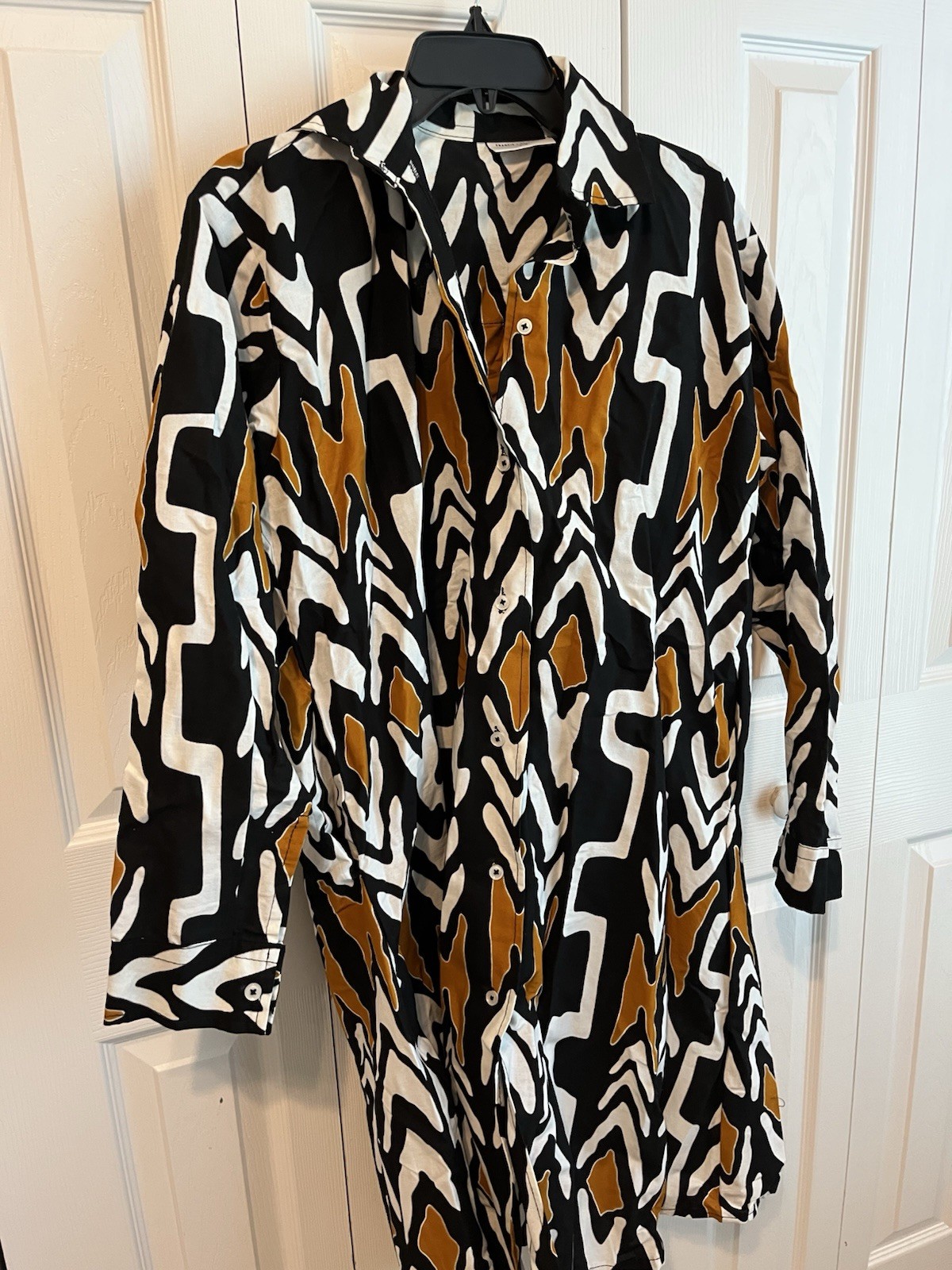 Francis + Benedict Black White Brown Geometric Shirt Dress Collared Long S/M