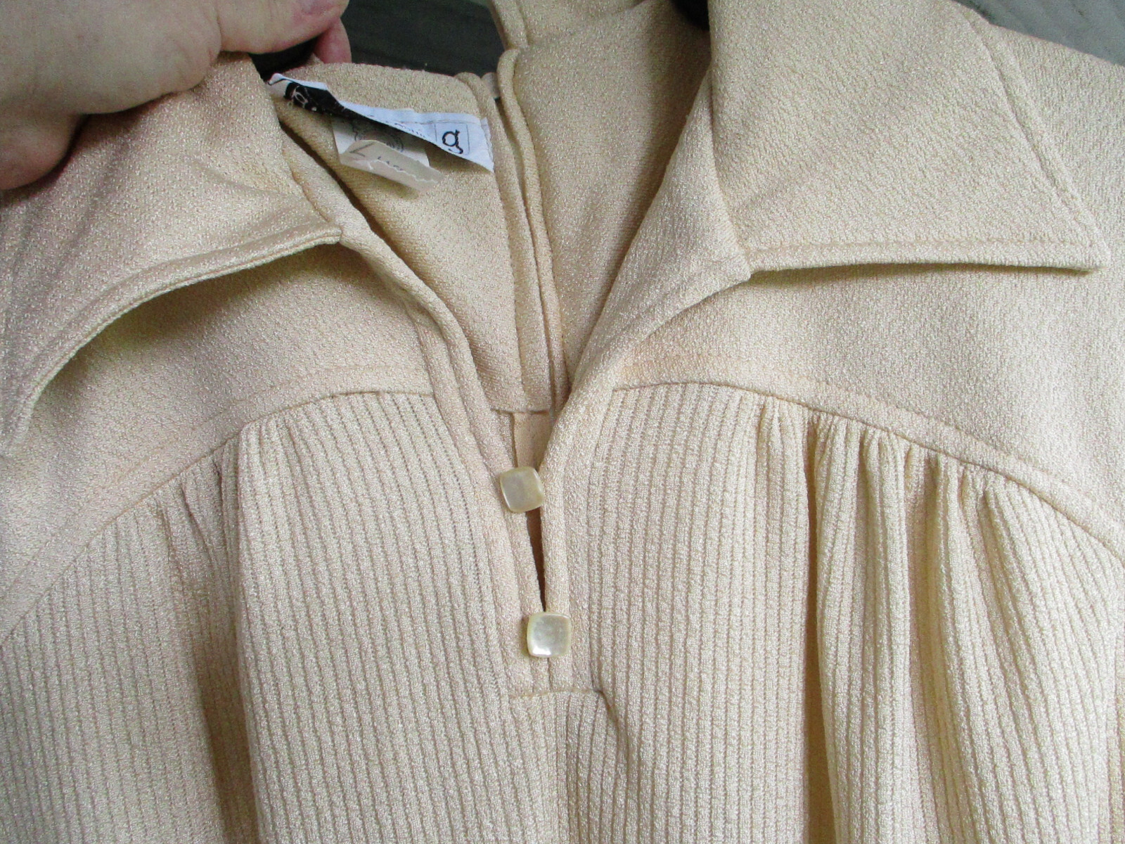 D Lang Vintage Polyester Blend Stretch Dress Lg Sleeve Button Cuff USA Sz Lg
