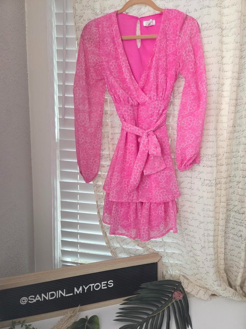 Japna: Long Sleeve Ruffled Short Dress in Chiffon Pink and White Floral Medium
