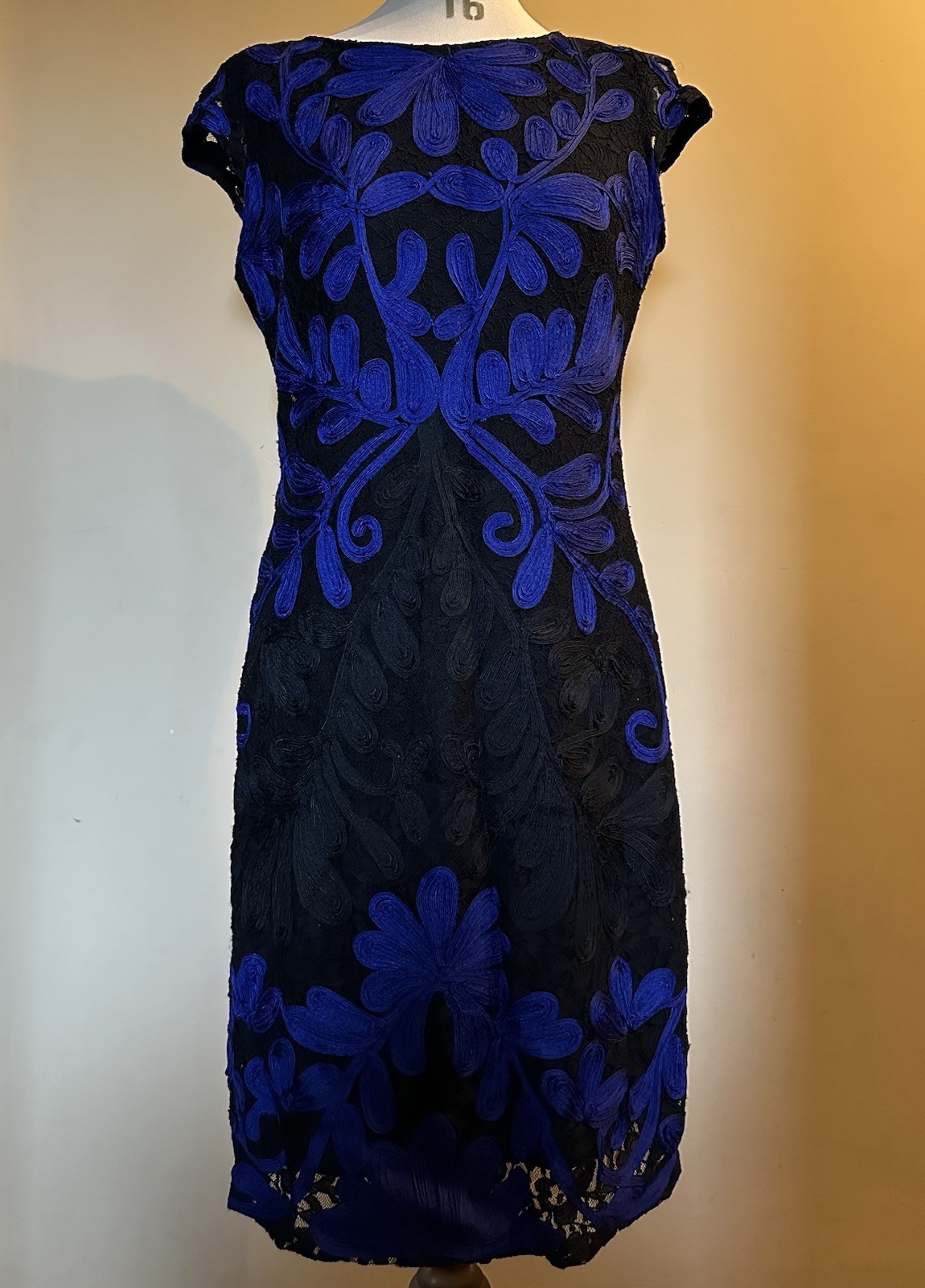 Roman Dress Size 12 Black & electric Blue Stretch Pencil Fit Lace & Appliqué Vgc