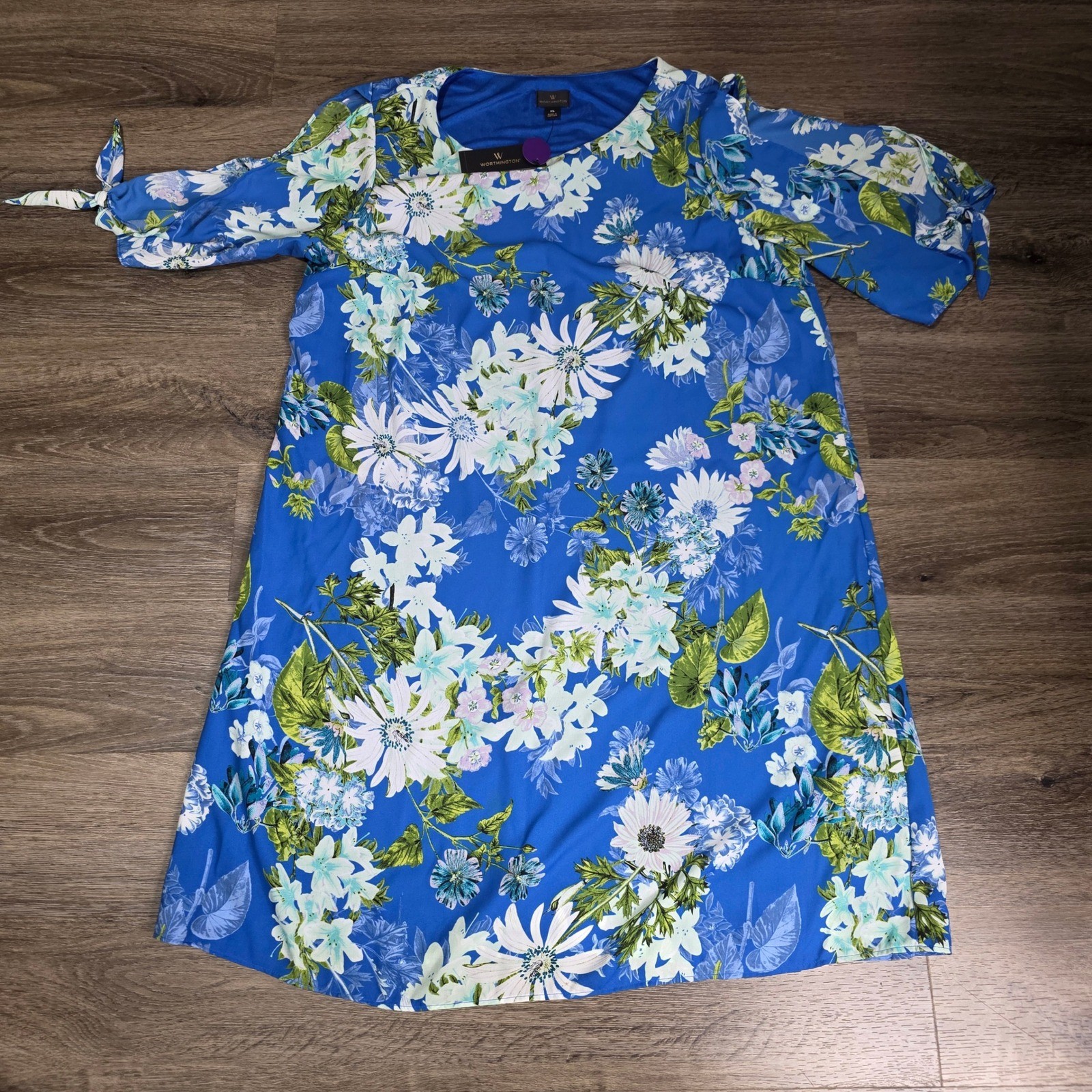 Worthington Womens XL Shift Dress Blue Giuliana Floral Cold Shoulder Tie Sleeve