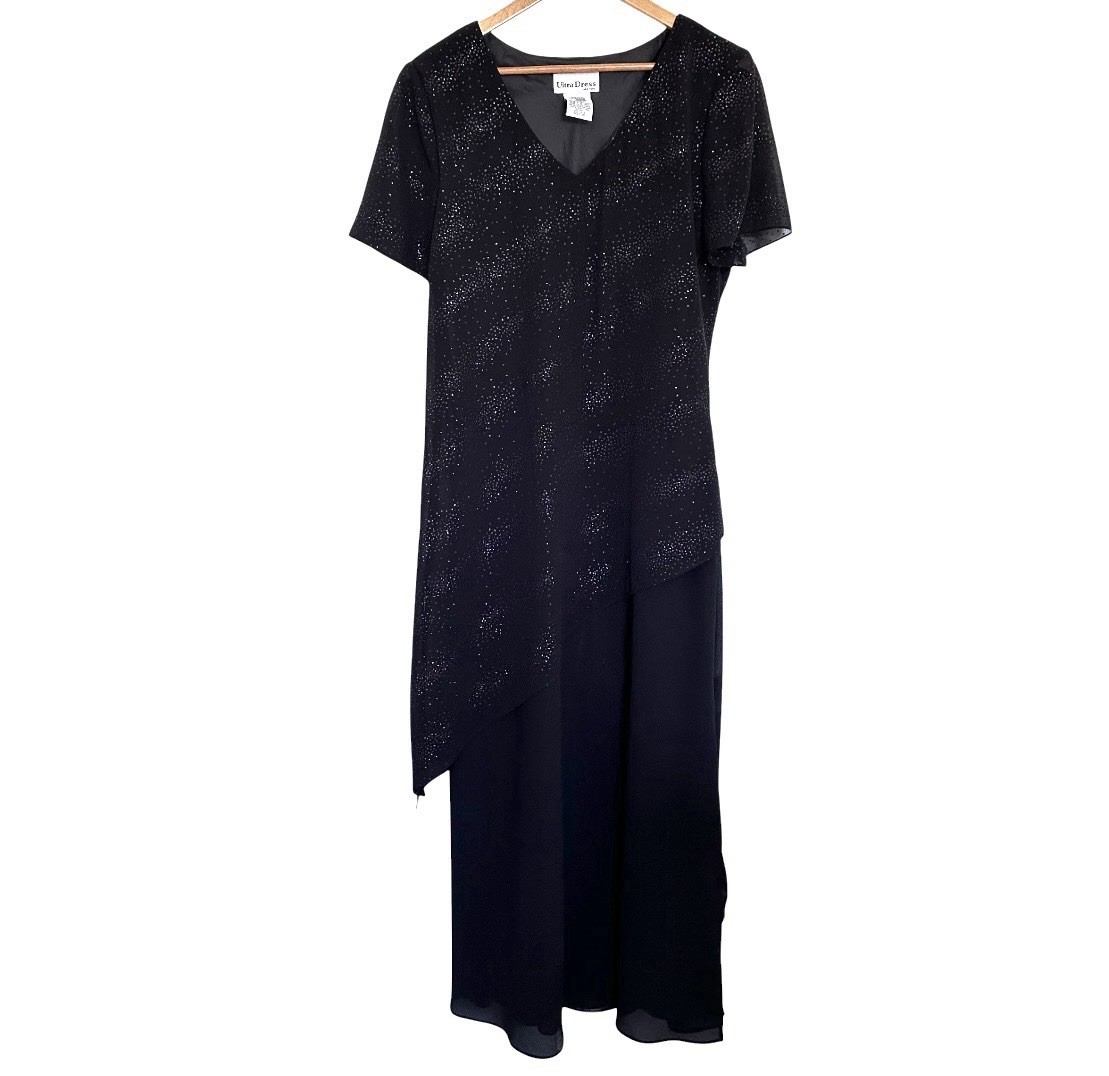Ultra Dress Maxi Women’s Size 16 Black Sparkling Short Sleeve V Neck