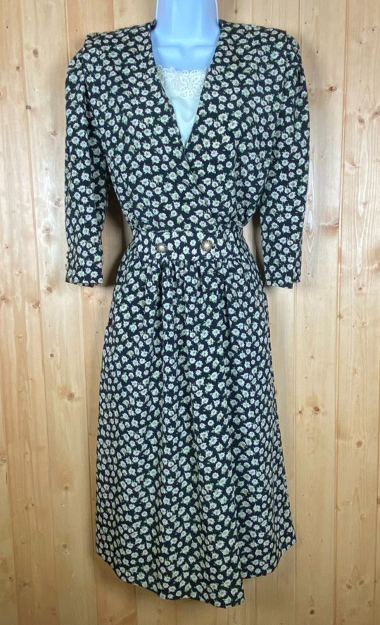 Vintage 80s Union Made Secretary Dress A-Line Blouson Retro Modest Black Size 6