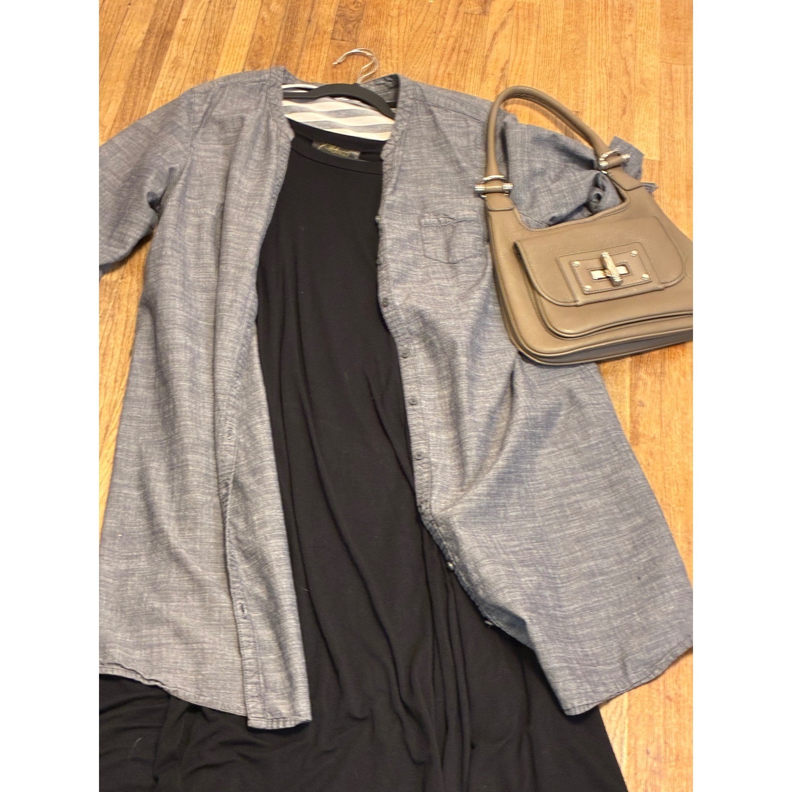 Chambray Button Down Shirt Dress Grey Blue Roll Tab Sleeve with Rope Belt