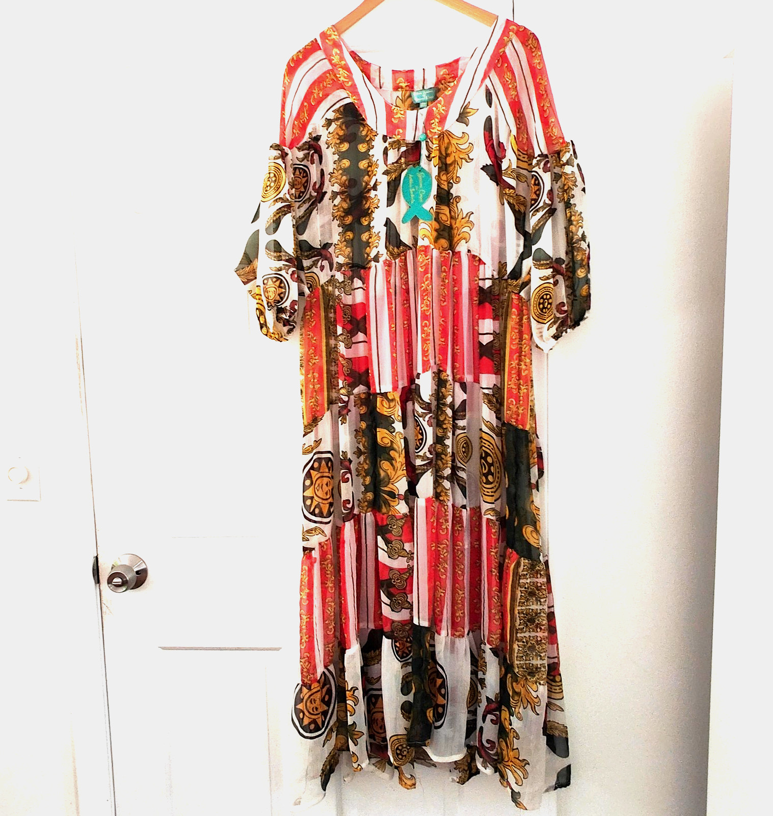 Antica Sartoria Red Gold Baroque Design Maxi Dress Boho Ethereal Party Wedding