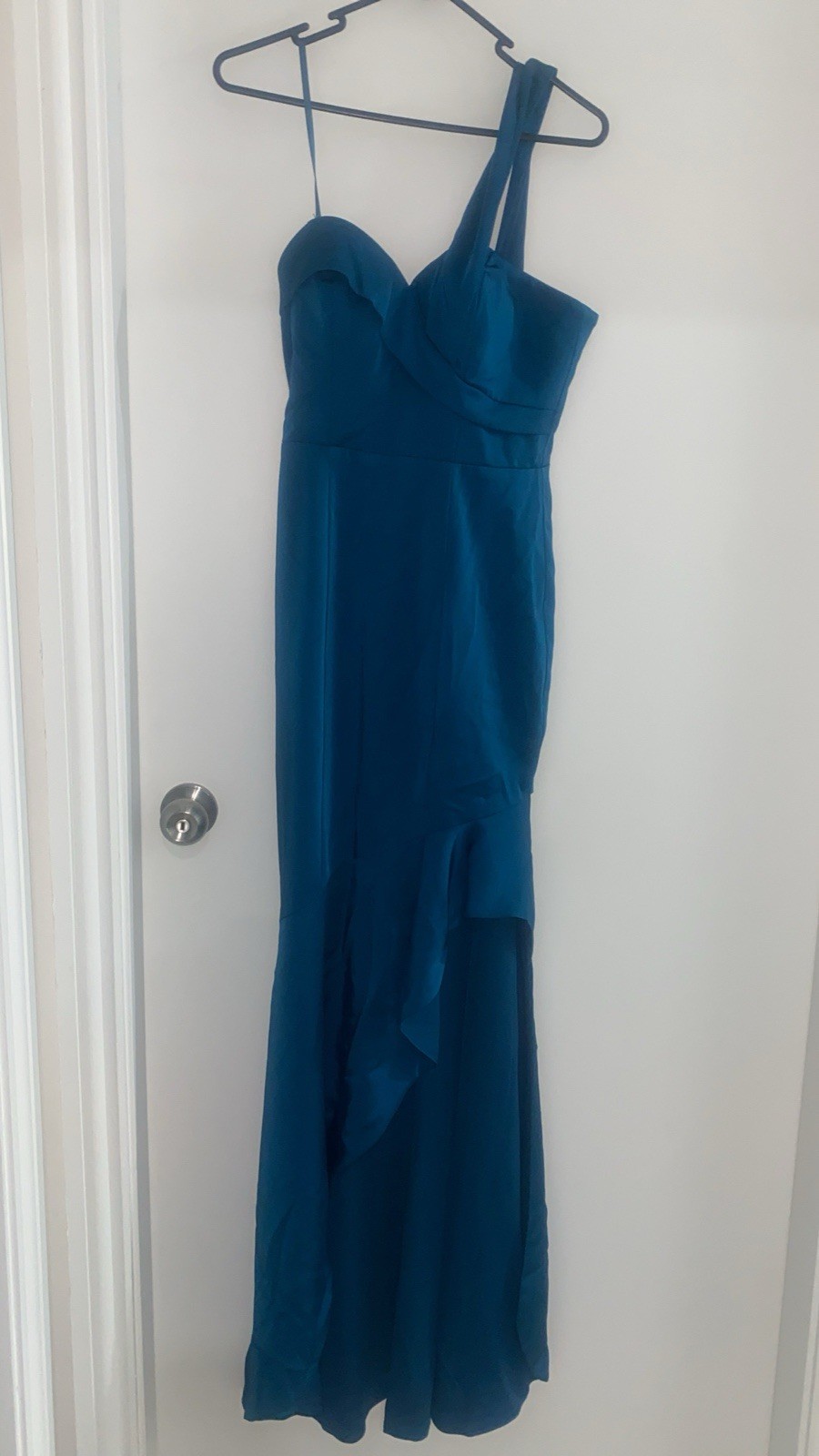 Bariano Teal One Shoulder Asymmetric Hi-Low Gown Sleeveless Dress Size 6