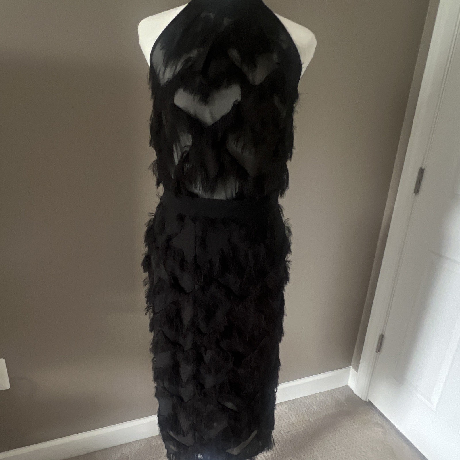 Marella Gattini Black Sheer Mesh Fringe Long Pencil Skirt High Rise 4