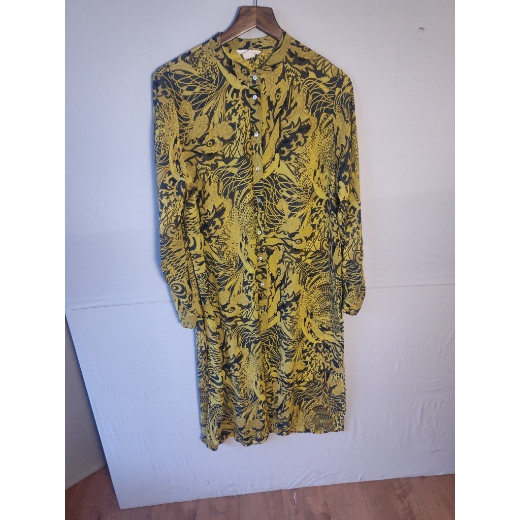 HM Womens Yellow Black Graphic Print Button Down Shirt Dress Size 12 Long Sleeve