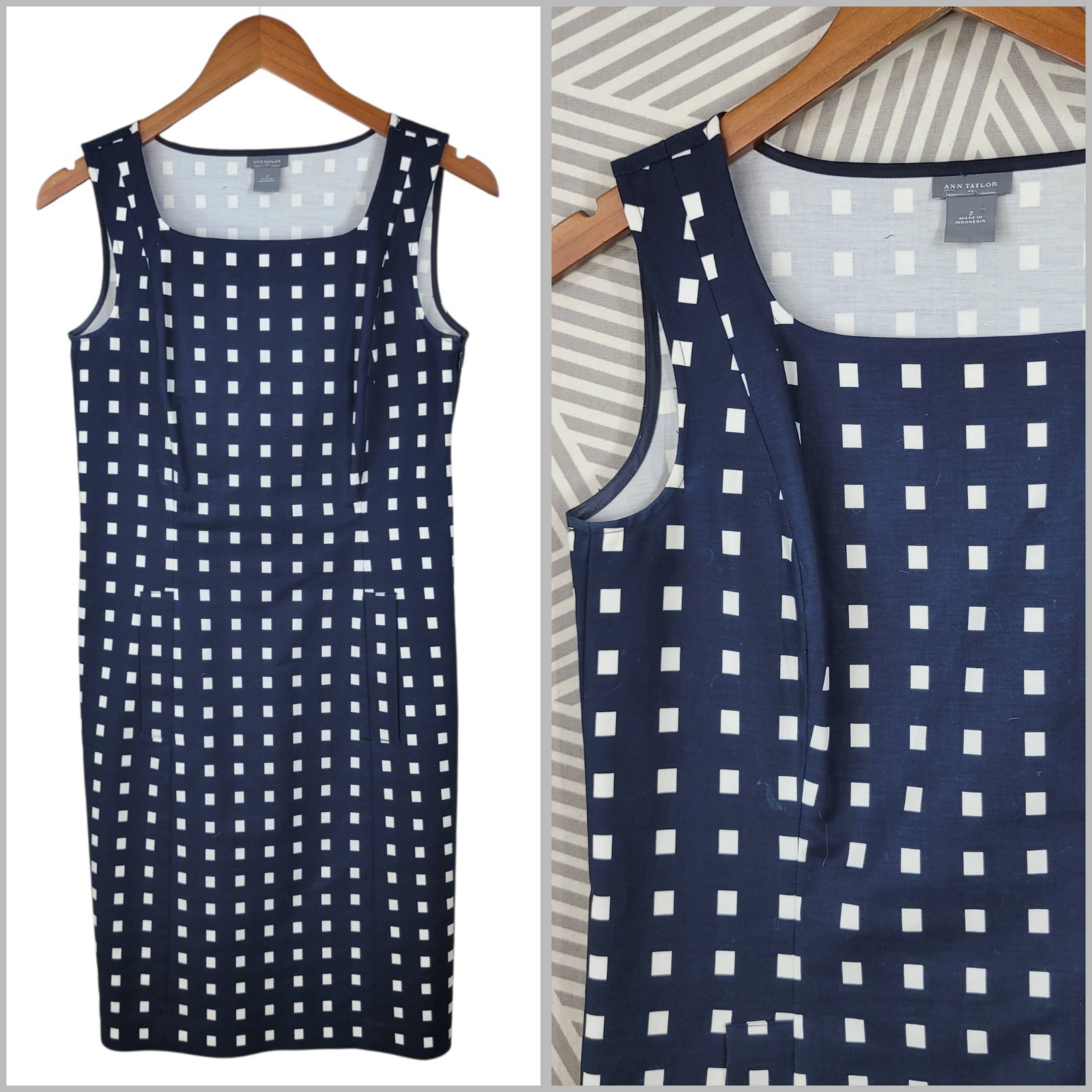 Ann Taylor Sheath Dress Size 2 Party Career Cocktail Navy Blue Check Profession