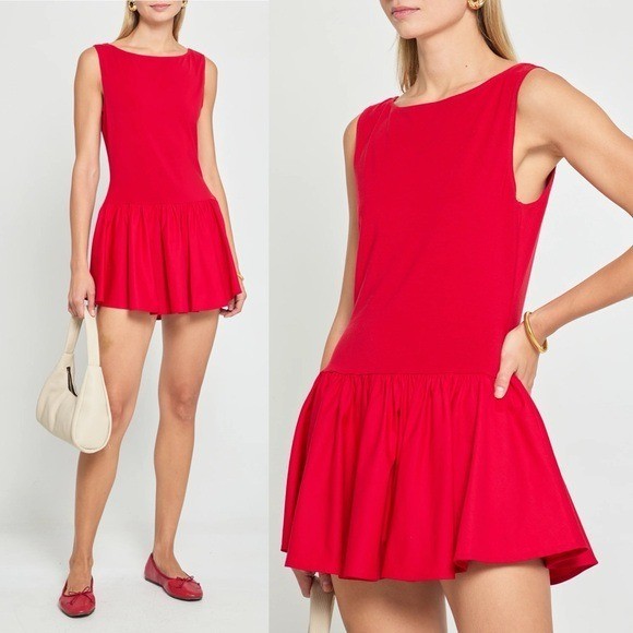 o.p.t Helene Mini Dress XS Red Sleeveless Combination Puff Flared Bubble NWT