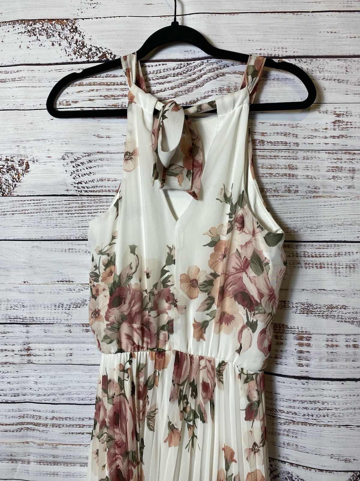 Premier Amour Size 2 Ivory Pink Floral Chiffon Halter Maxi Dress Pleated Bow