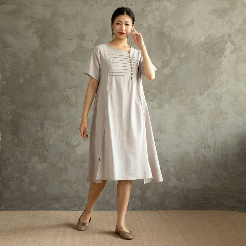 Summer Cotton Dress Casual Loose Tunics Short Sleeves Shirt Robes Knee Dresses C